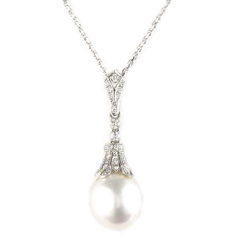 18k White Gold Diamond And Pearl Drop Pendant Rich Diamonds